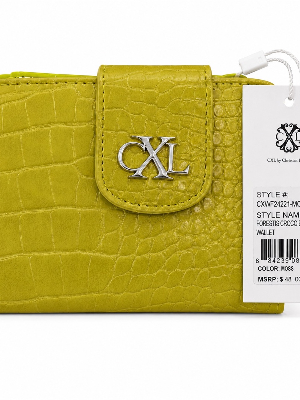Christian Lacroix Moss Green Croc-Embossed Bifold Wallet with Silver Logo